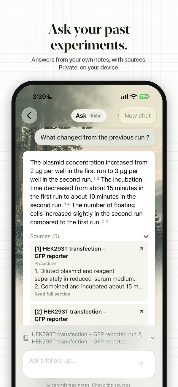 Verbex Ask answering what changed between two runs of an experiment, citing the scientist's own notes