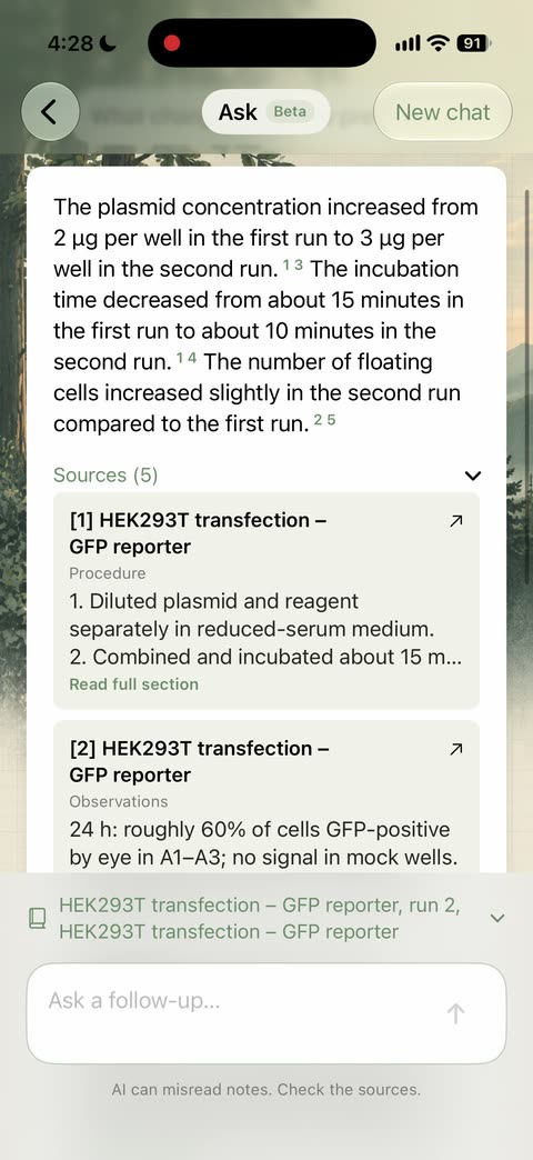 Verbex Ask answering what changed between two HEK293T transfection runs, with numbered sources from the scientist's own notes